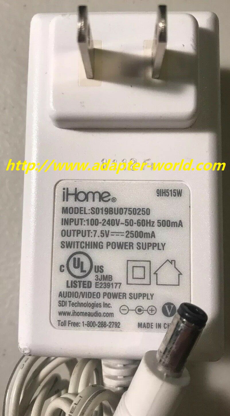 *100% Brand NEW* iHome 7.5V 2500mA S019BU0750250 AC Power Supply Adapter Charger Supply Free shipping!